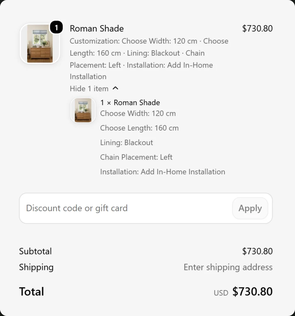 Shopify checkout showing the Roman Shade with every measurement and choice listed