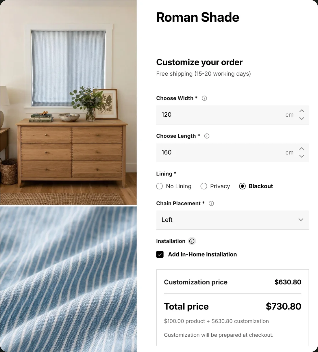 A product page with the calculator: width, length, lining and a live total